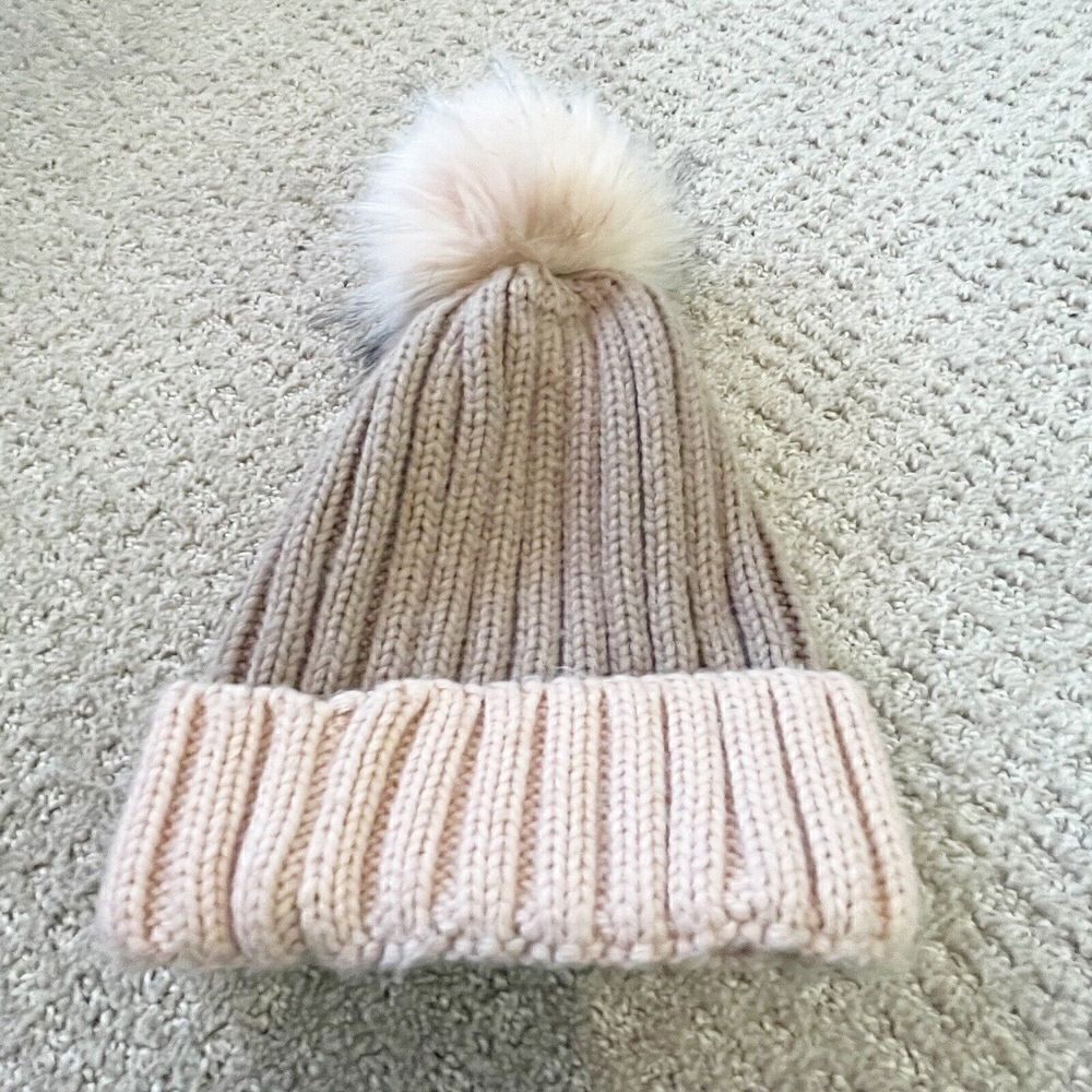 Womens Rose Gold Ribbed Pom Beanie Hat Tan Fall Winter Pink Fur Knit Warm OS